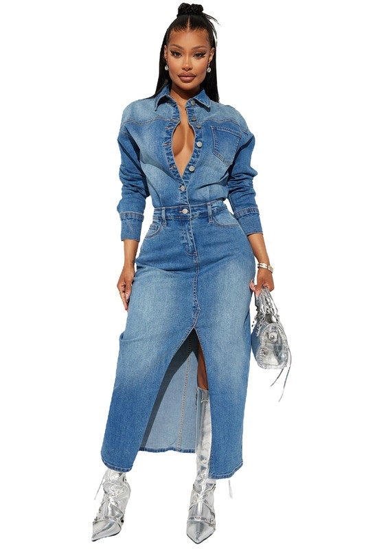 GOOD GIRL DENIM LONG MAXI DRESS