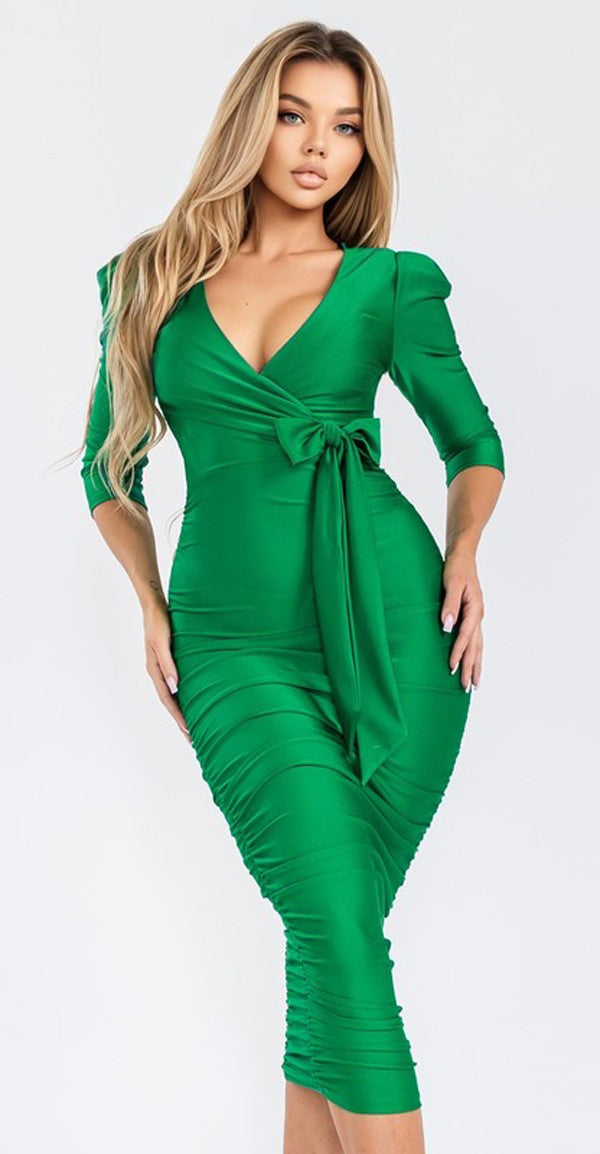 Happy Hour - Satin Puff Sleeve Midi Dress